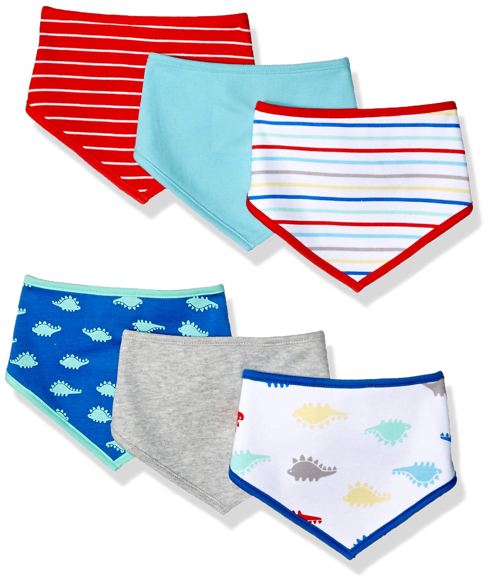 Amazon Essentials Unisex Kids' Bib Set, Pack of 6, Dinosaur/Multicolour/Stripes, One Size