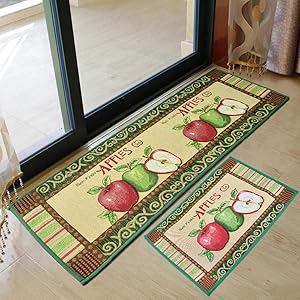 yazi Fabric Kitchen Mat Area Rug Fresh Picked Apples,47x18 Inches and 23x18 Inch, Vintage Apples Jacquard Cotton Fiber Rectangular Bedroom Floor Mat Doormat