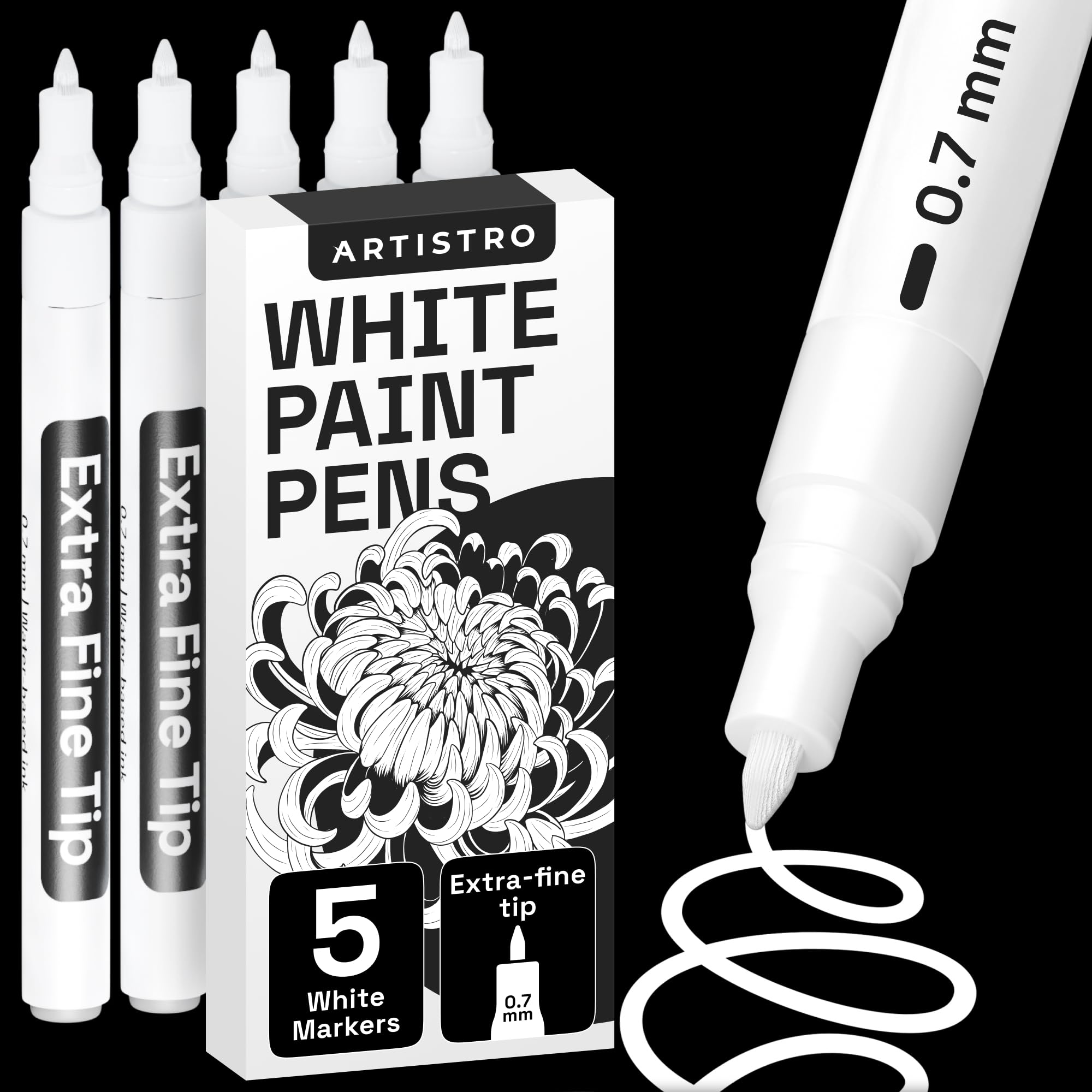 ARTISTRO 5 White Acrylic Paint Pens for Rock Painting, Stone, Ceramic, Glass, Wood, Tire, Fabric, Metal, Canvas - Set of 5 Paint Markers, Water-Based - Extra-fine Tip