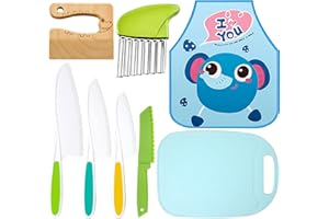 8 Pcs Kids Knife Set, Wooden Kids Knife Safe Knives Include Wooden Toddler Knife, Cutting Board, Crinkle Cutter, Plastic Kitc