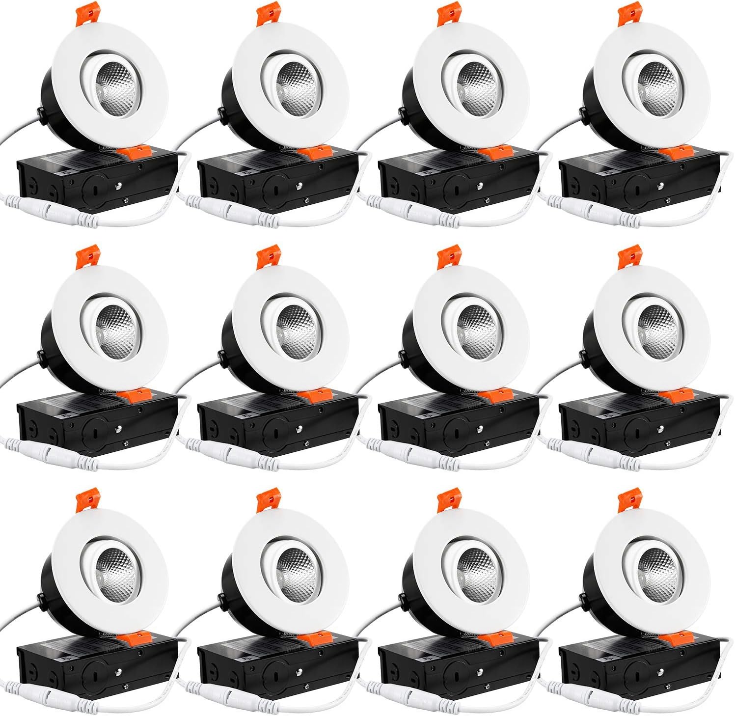 TORCHSTAR 12-Pack 3 Inch Gimbal LED Dimmable Recessed Light with J-Box, 7W (50W Eqv.) 500lm, Airtight, ETL/Energy Star, CRI 90+, 5000K Daylight, 5 Years Warranty, White