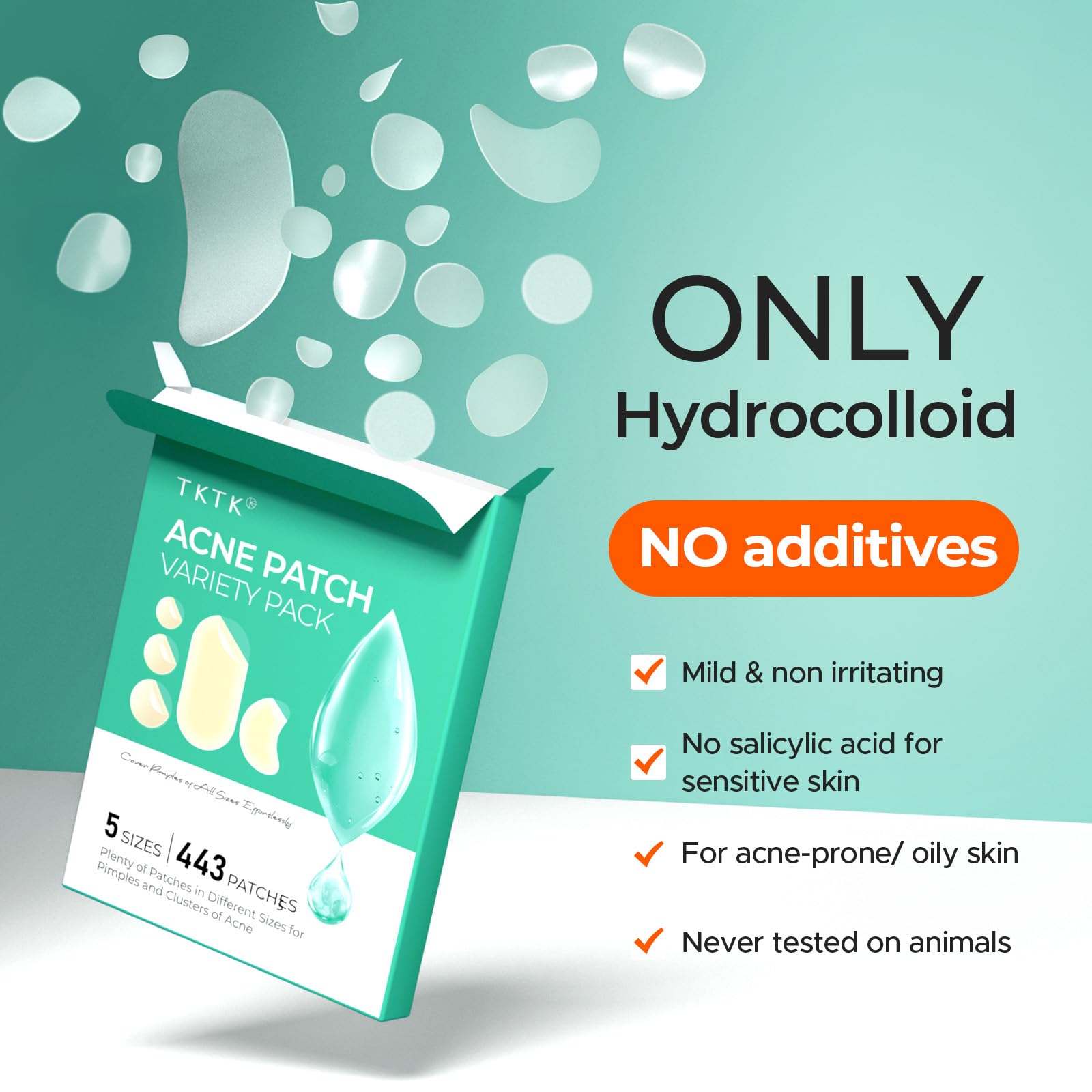 TKTK 443 Count Pimple Patches for Face, Hydrocolloid Acne Patch Bulk, Acne Stickers for Covering Cheeks, Forehead, Chin Blemishes Zit Breakouts for All Skin Types (Dots, Strip, Contoured 5 Sizes)