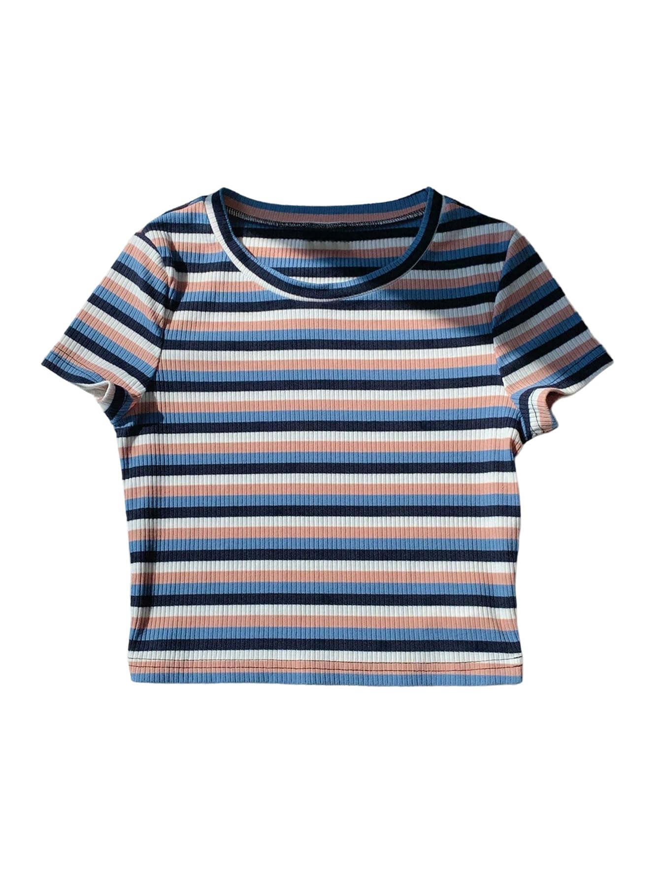 Photo 1 of WDIRARA Women's Colorful Striped Short Sleeve Tee Shirt Y2k Crewneck Ribbed Knit Crop Tops Blue and Black Medium