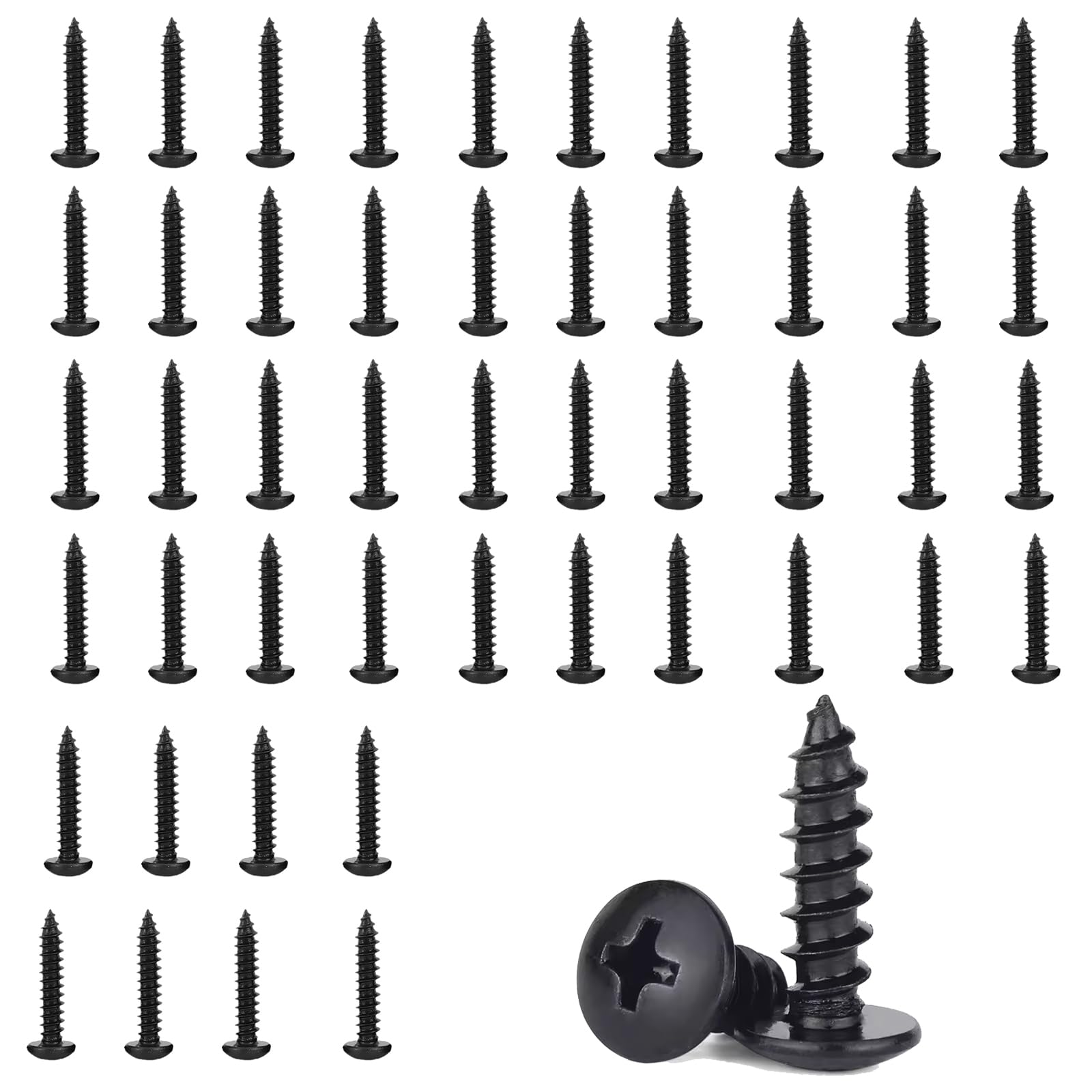 50 Pcs Black Self Tapping Screws, M5 x 16mm Multi Purpose Small Screw, Stainless Steel, Phillips Pan Head Bolts for Wood, Drywall and Furniture