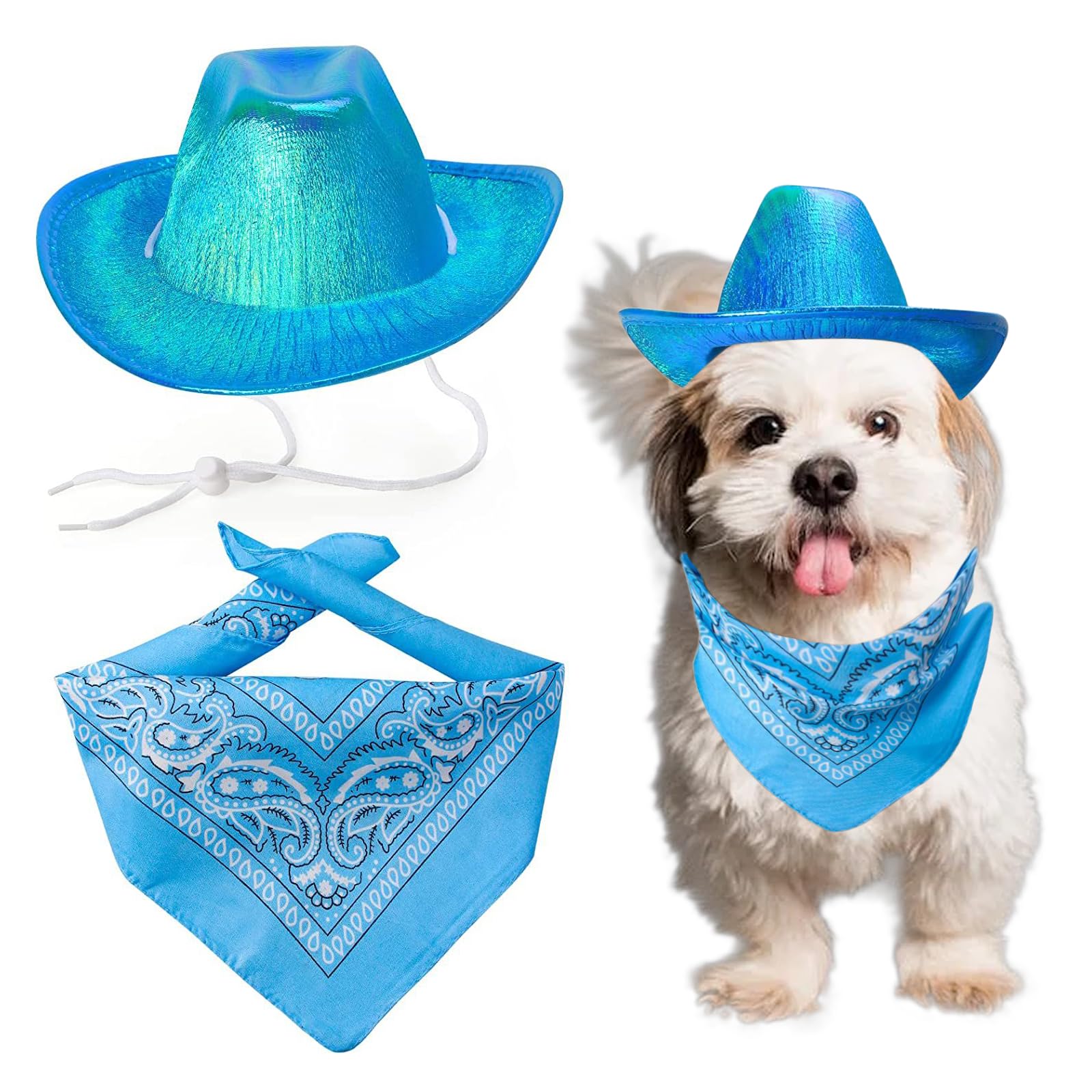 AWOCAN Dog Cowboy Hat Dog Cat Cowboy Hat Costume Bandana West Cowboy Accessories for Pet Metallic Space Shiny Cowboy Hats for Dog Cat (Blue)