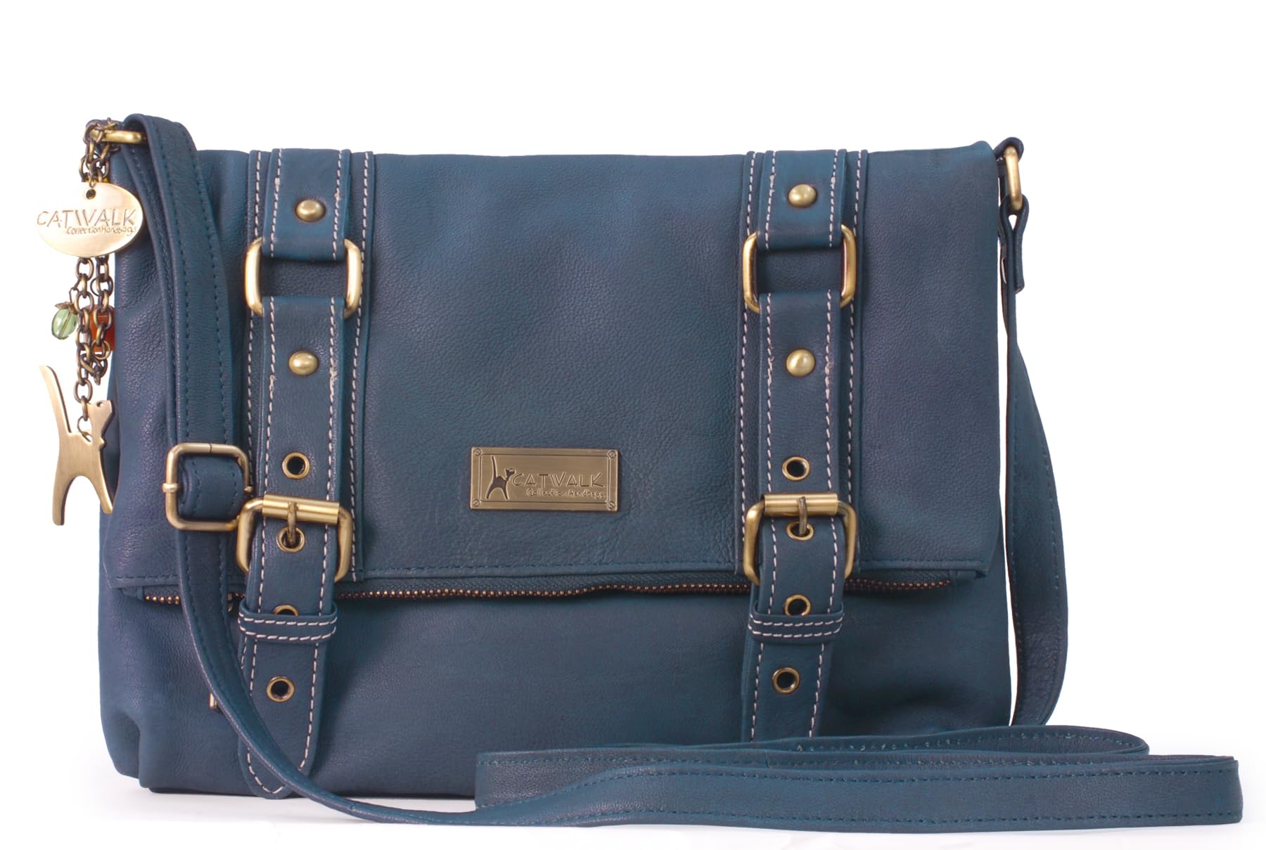 Catwalk Collection Handbags - Women's Leather Cross Body Bag - Medium Messenger Bag - Adjustable Shoulder Strap - Abbey Road - Dark Blue/Navy