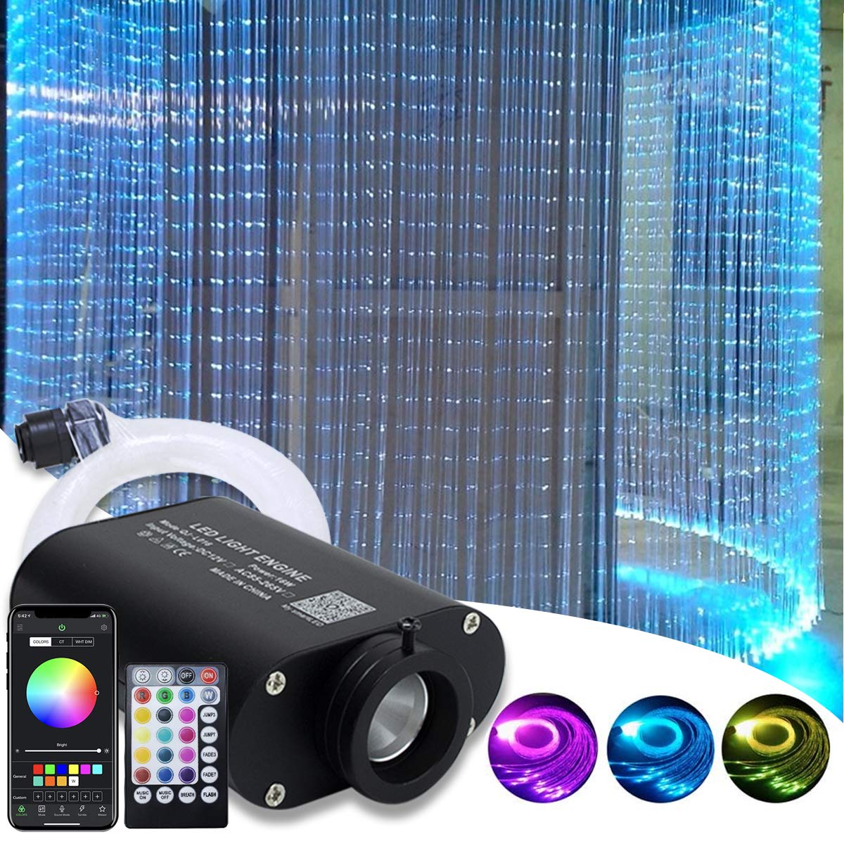 Kingmaled Upgraded 16W Fibre Optic Curtain Lights APP Waterfall Light Kit for House Home Decor, RGBW Sound Activated Light Engine+Flash Point Fiber Optic Cable【300pcs*0.75mm*3m】