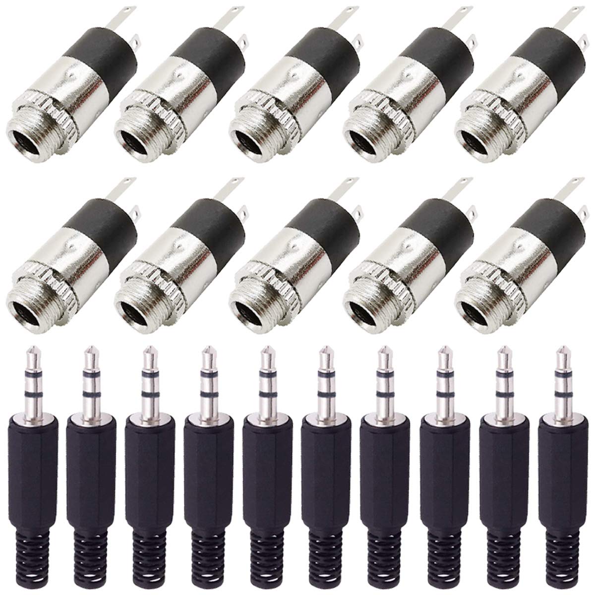 Youmile 10PCS PJ-392 3.5mm Stereo Female Socket Jack Panel Mount Nickel plated Audio Headphone Connector Audio Plug for MP3 with 10PCS 3.5mm TRS Male Plug Connector