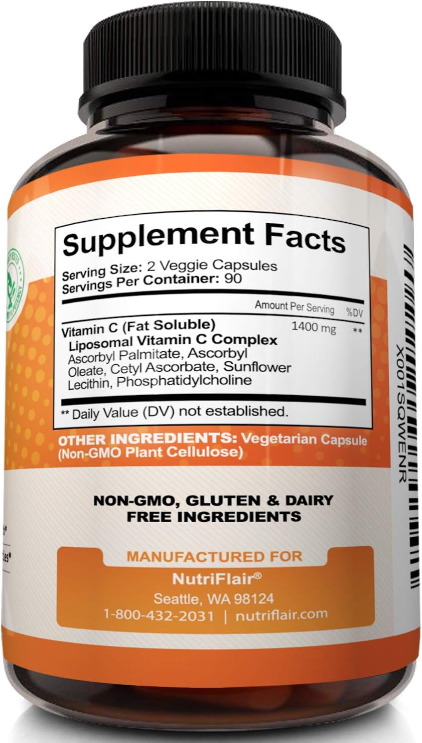 NutriFlair Liposomal Vitamin C 1400mg, 180 Capsules High 180 Count