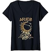 Womens Aries Zodiac Sign Flowers Aries Birthday Aries Astrology V-Neck T-Shirt