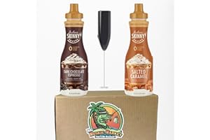 BIG MUSKIE MARKET Jordan's Skinny Sauces Bundle - Salted Caramel and Dark Chocolate Espresso, 2-12 oz Bottles with Milk Frother (1 Dark Choc / 1 Caramel)