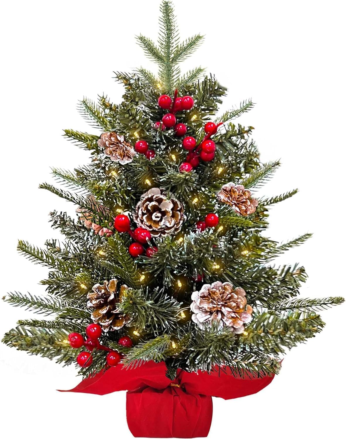 Photo 1 of 2ft Tabletop Christmas Valentines Tree, 24" Mini Small Christmas Tree with Timer 30 LED Warm Lights, Realistic-Feel PE Norfolk Pine Frosted Branches Red Berry Pincone Cloth Base Indoor Home Decoration