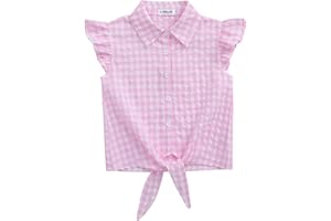 LIONJIE Girls Sleeveless Plaid Button Down Shirt Summer Crop Tops Tie Knot Ruffle Sleeve Shirt Blouse 3-12Y