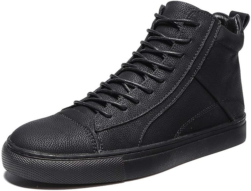 Amazon.com | All Black High Top Men's Shoes Man Casual Leather Shoes ...