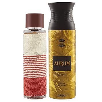 Maryaj Deuce Homme Eau De Parfum Spicy Woody Perfume 100ml for Men and Ajmal Aurum Femme Deodorant Fruity Floral Fragrance 200ml for Women + 2 Parfum Testers FREE