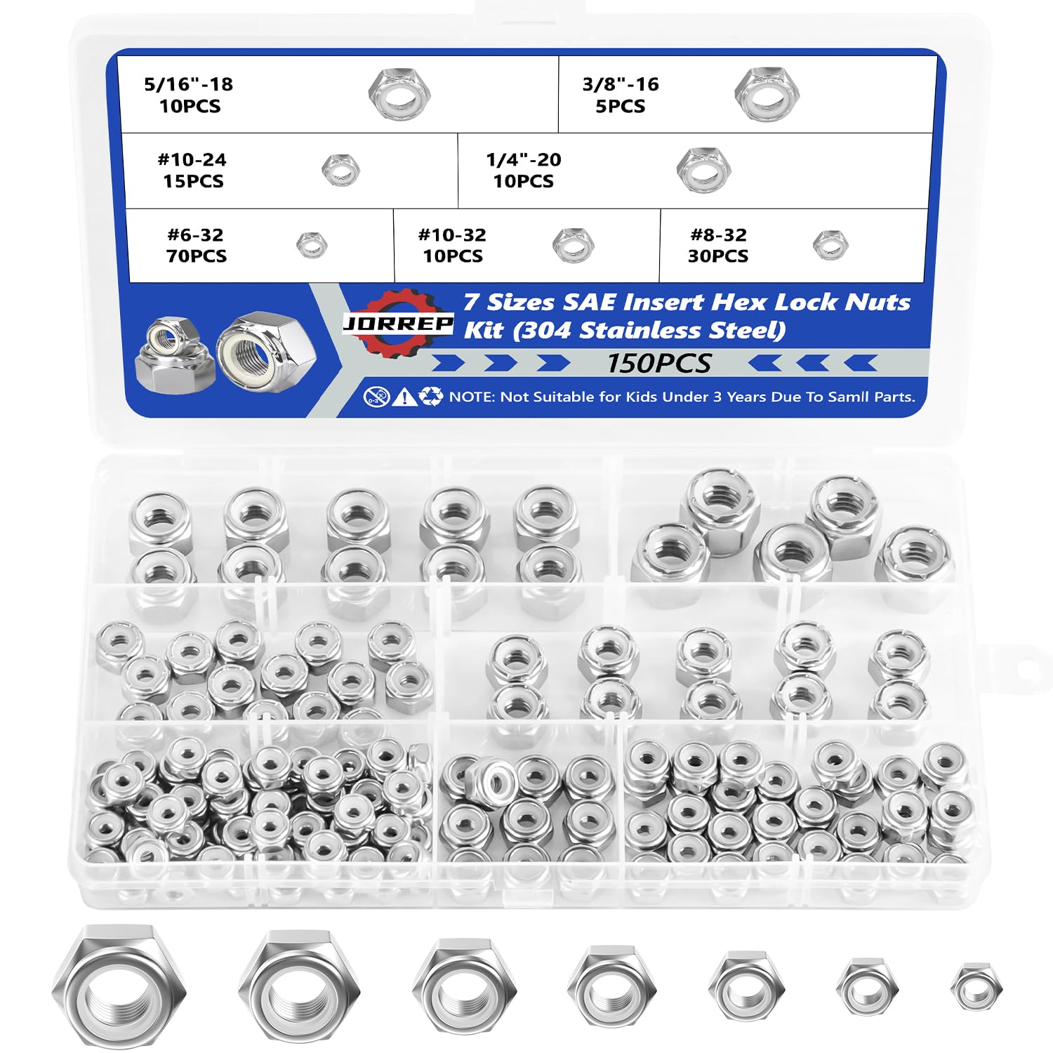 Lock Nuts, 150Pcs Hex Locknuts Assortment Kit, 304 Stainless Steel Metric Nylon Insert Lock Nuts Kit, 7 Size-6#32 8#32 10#24 10#32 5/16"-18 3/8"-16 1/4"-20 Hex Nut & Locknuts Set for Industrial & Home