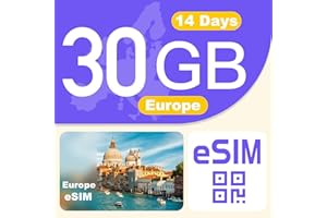 GENERIC Europe eSIM Card 30GB 14Days - 4G LTE High-Speed Network, Prepaid eSIM for 32 Countries (Including Switzerland), Hotspot Support, High Coverage Multi-Carrier for Unlocked iPhone and Android