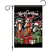 Saoplasa christmas horse garden flag 12x18 inch double sided polyester outdoor yard decor with santa hats gift boxes and holiday lights