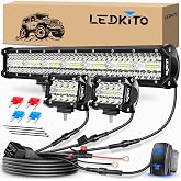 LEDKITO 20In LED Light Bar and 4In LED Cube Pods Lights with Wiring Harness | 3Pin Rocker Switch Spot Flood Combo Beam Triple Row Off Road Driving Work Lights Bar for Je-ep Truck Pickup Tractor Golf Car