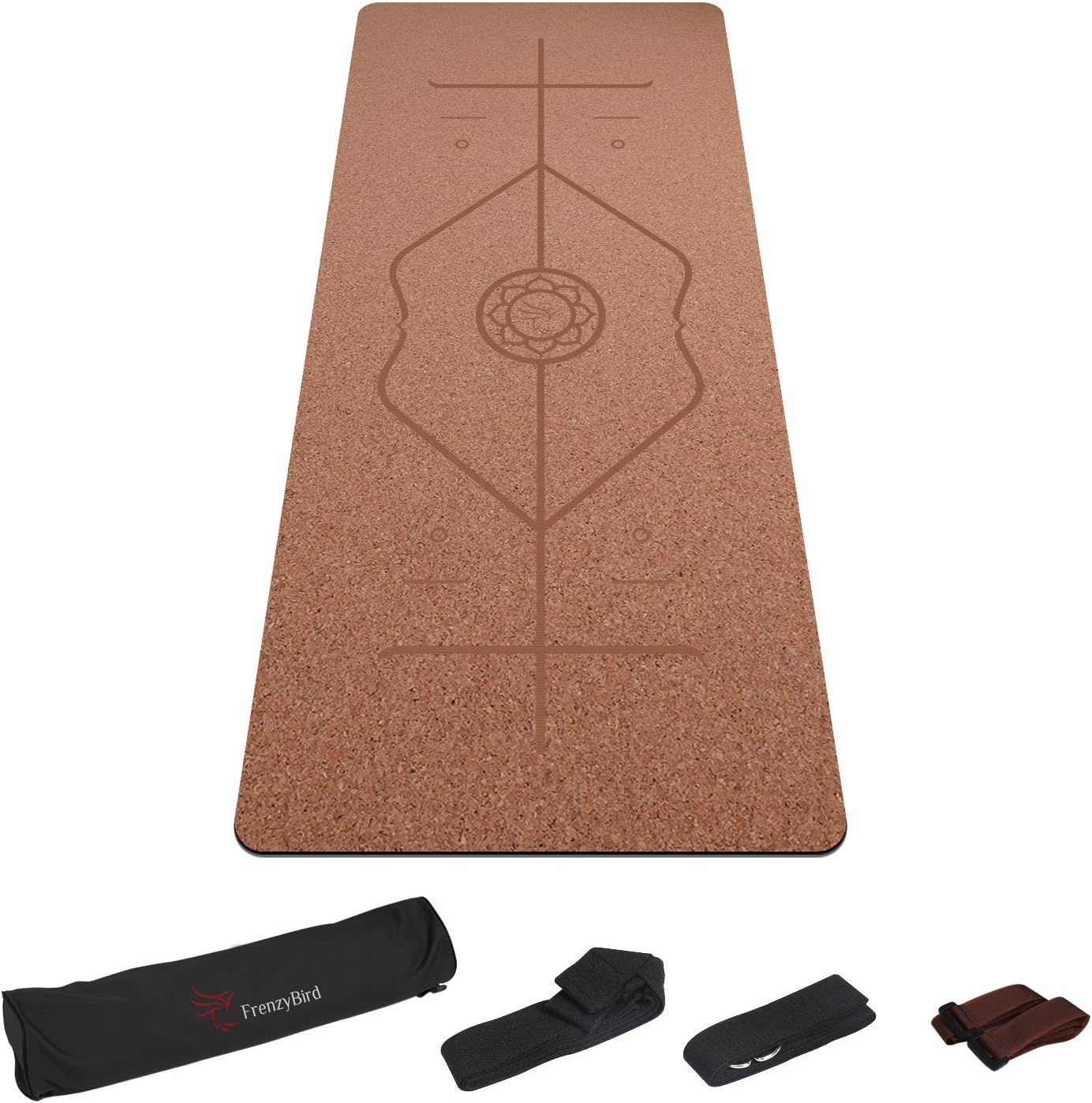 FrenzyBird Extra Non-Slip Cork+Natural Rubber 5mm Thick Yoga Mat with Carrying Strap&Alignment Marks, Eco-Friendly Fitness Exercise Mat, Super Grip, Cushioning for Support, Women&Men, Hot Pilates