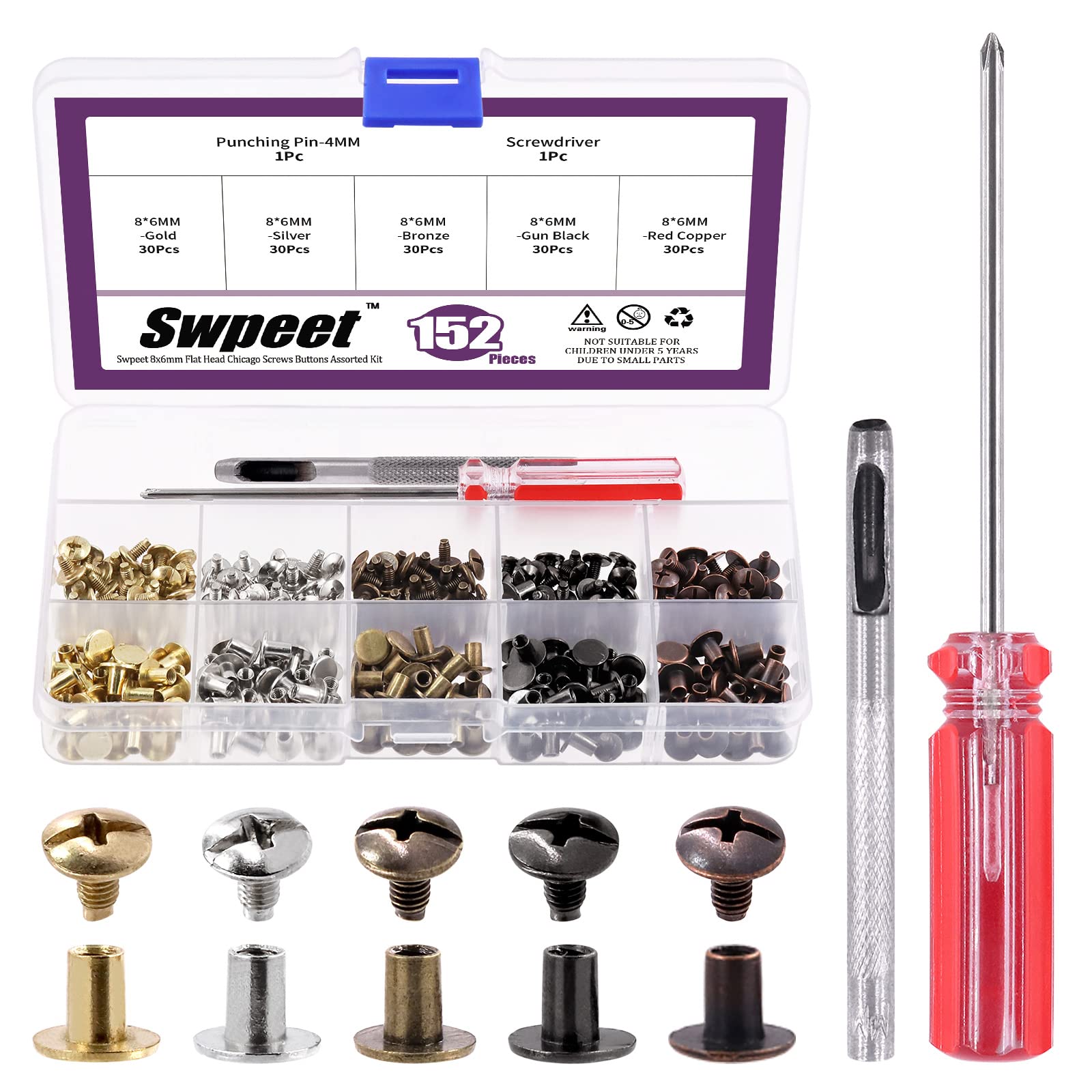 Swpeet 150 Sets 25/64 Inch 5 Colors Round Flat Head Chicago Screws and Hole Punch with Screwdriver Assortment Kit, Leather Rivets Chicago Screw Leather Chicago Rivets Kit Button Studs for Crafting