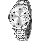 Taxau Stainless Steel Mens Watches with Day Date Quartz Analog Large Face Classic Watch Arabic Numerals Dress Luminous Rlojes para Hombres