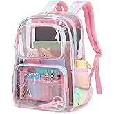 Sisipoet Pink Clear Backpack for Girls Heavy Duty Clear Bookbag, See Through Backpack for School, Stadium Events and Concert, Transparent Backpacks