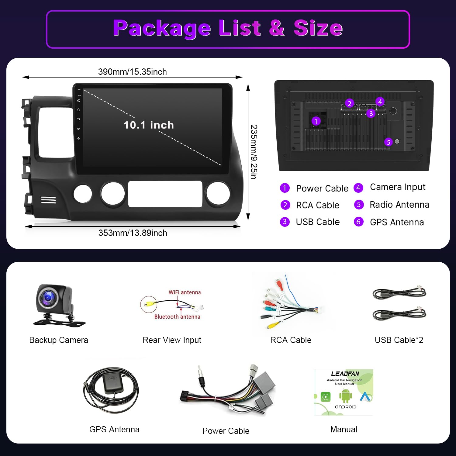 Leadfan Car Stereo for Honda Civic 2006 2007 2008 2009 2010 2011 Radio Compatible with Wireless Apple Carplay Android Auto 10.1'' Touchscreen GPS Navigation Bluetooth WiFi Backup Camera SWC (2+32G)