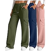 Neer 3 Pack Women's Cargo Sweatpants Wide Leg Baggy Loose Elastic Drawstring Pants Casual Athletic Joggers with 4 Pockets