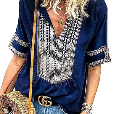Damen Bluse Shirt, lose Kurzarm V-Ausschnitt böhmischen ethnischen Stil Floral bedrucktes Top T-Shirt