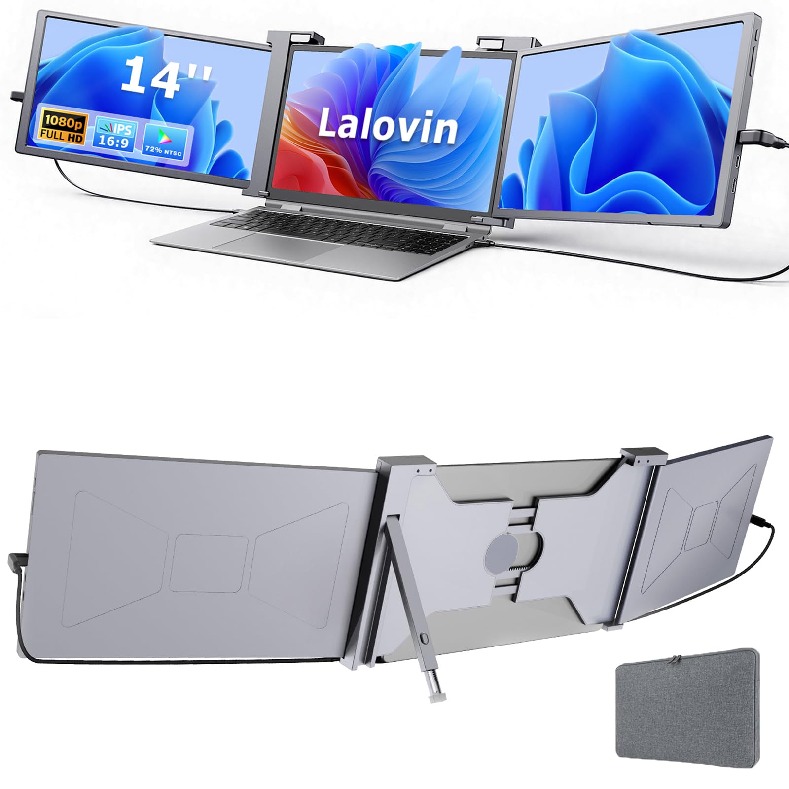 Photo 1 of ** SEE NOTES ** Lalovin Laptop Screen Extender, 1080P FHD IPS Triple Portable Monitor for Laptop, Plug & Play Monitor Extender with USB-C/HDMI Port for Mac/Windows/Chrome/Android (Grey, 14 Inches)