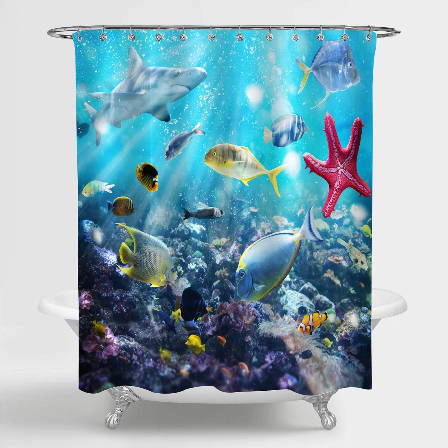 Amazon Com Mitovilla Hawaiian Ocean Shower Curtain For Bathroom Decor Colorful 3d Nature Scenic Of Sea Underwater Of Tropical Fishes Shark Starfish And Coral Reefs Bathroom Accessories Blue 72 W X 72 L