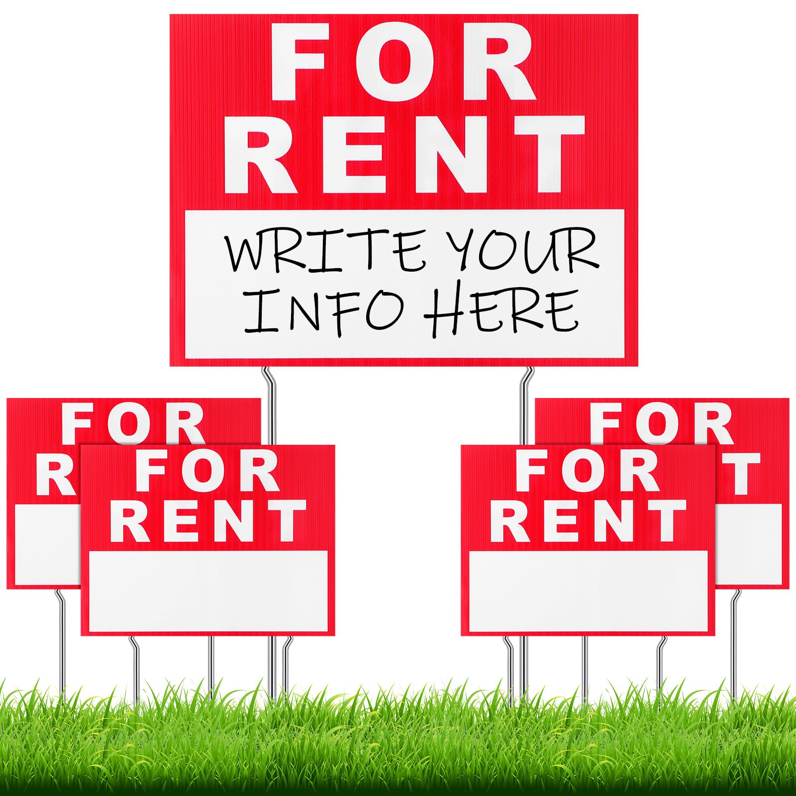 Photo 1 of Ripeng 4 Pcs 17 x 13 Inch for Rent Sign with Stand Double Sided Corrugated Plastic Red White for Lease Sign with 8 Pcs Tall Iron Stands for Outdoor House Business Rental Car Apartment (17 x 13 Inch)