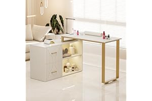 Belandi Manicure Table with 16 Colors LED Lights, L-Shaped Nail Table Station, Beauty Salon Nail Supplies Decor w/2 Drawers, 2 Shelves, Wrist Rest, Metal Handles for Nail Tech（White）
