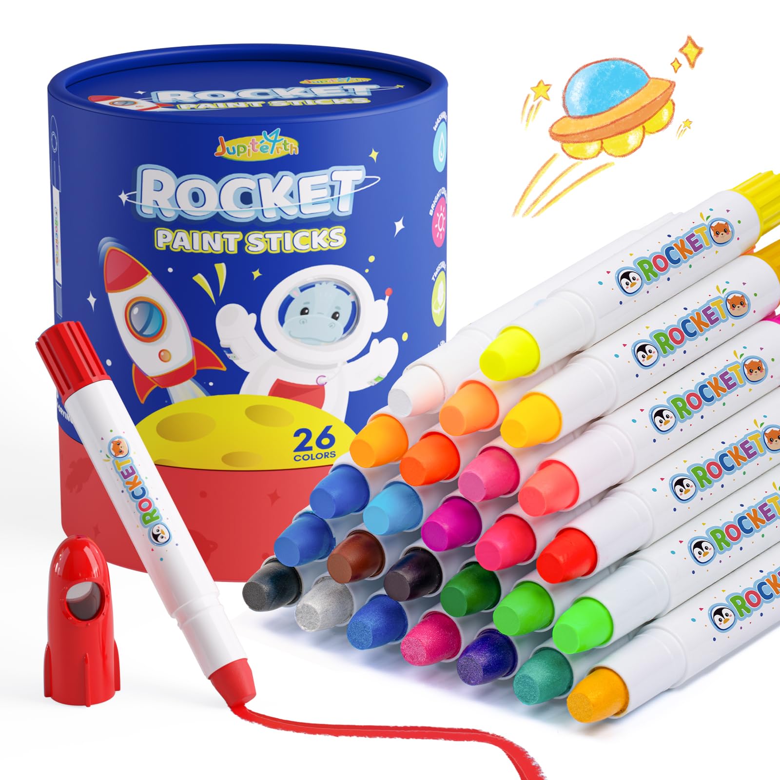 JUPITEARTH 26 Colors Rocket Tempera Paint Sticks with 120 PDF Coloring Pages, Quick Drying, Non-Toxic and Washable Paint Sticks for Kids and Students, Art Supplies for Drawing on Paper and Canvas