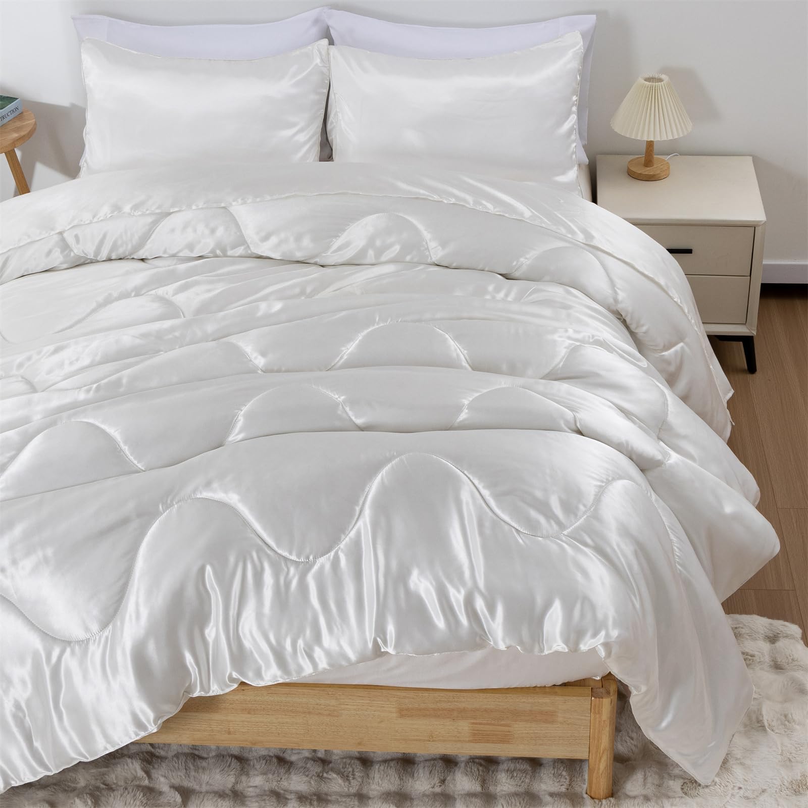 Photo 1 of A Nice Night Satin Silky Soft Quilt Sexy Luxury Super Soft Microfiber Bedding Comforter Set, Light Weighted (White, King)