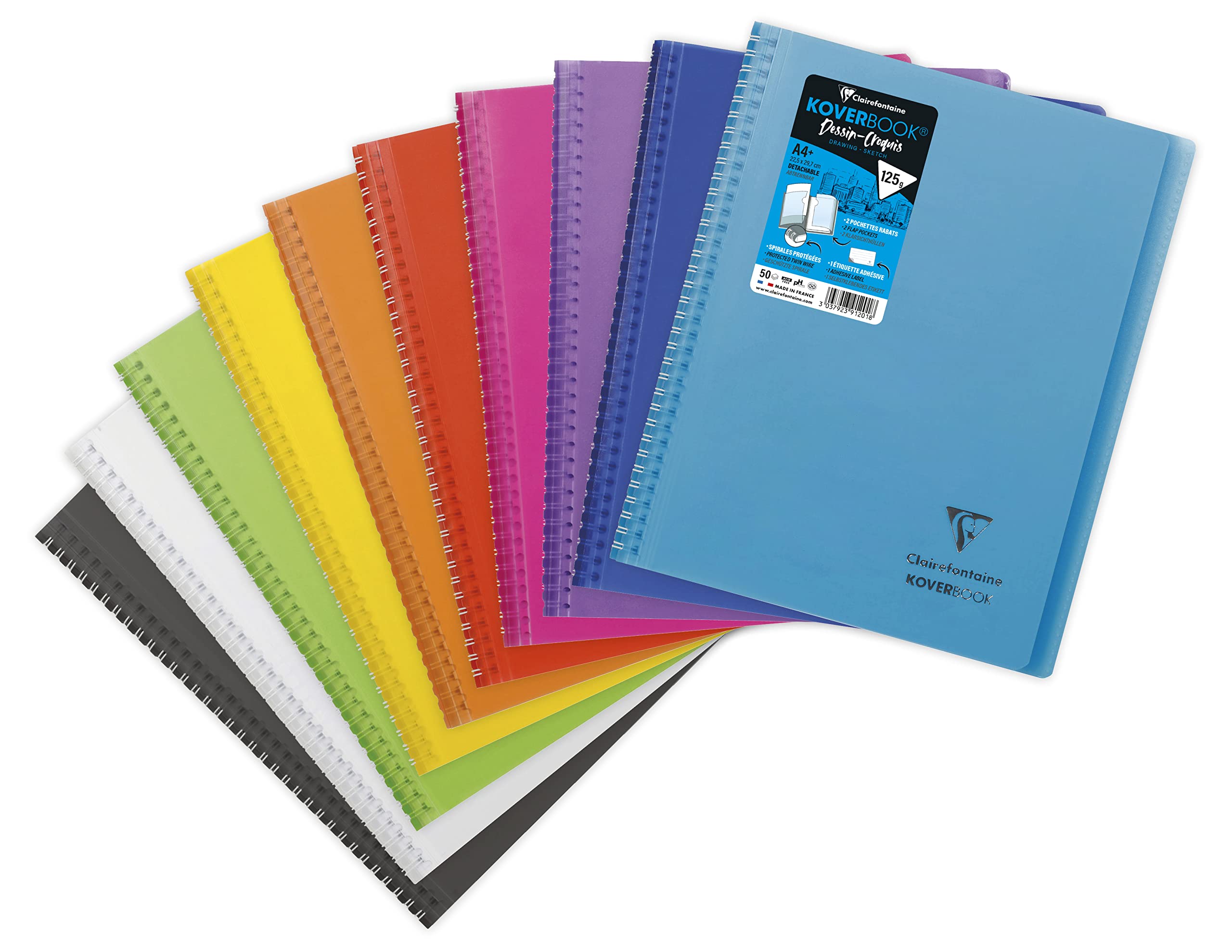 Clairefontaine 391201C A Koverbook Spiral Notebook Drawing/Sketch - A4+ 22,5x29,7 cm - 100 Pages - Extra White Drawing Paper 125 g - Polypro Random Colour Cover