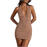 OYOANGLE Women's Sequin Sparkly Sleeveless Halter Bodycon Mini Dress Backless V Neck Cocktail Party Dresses