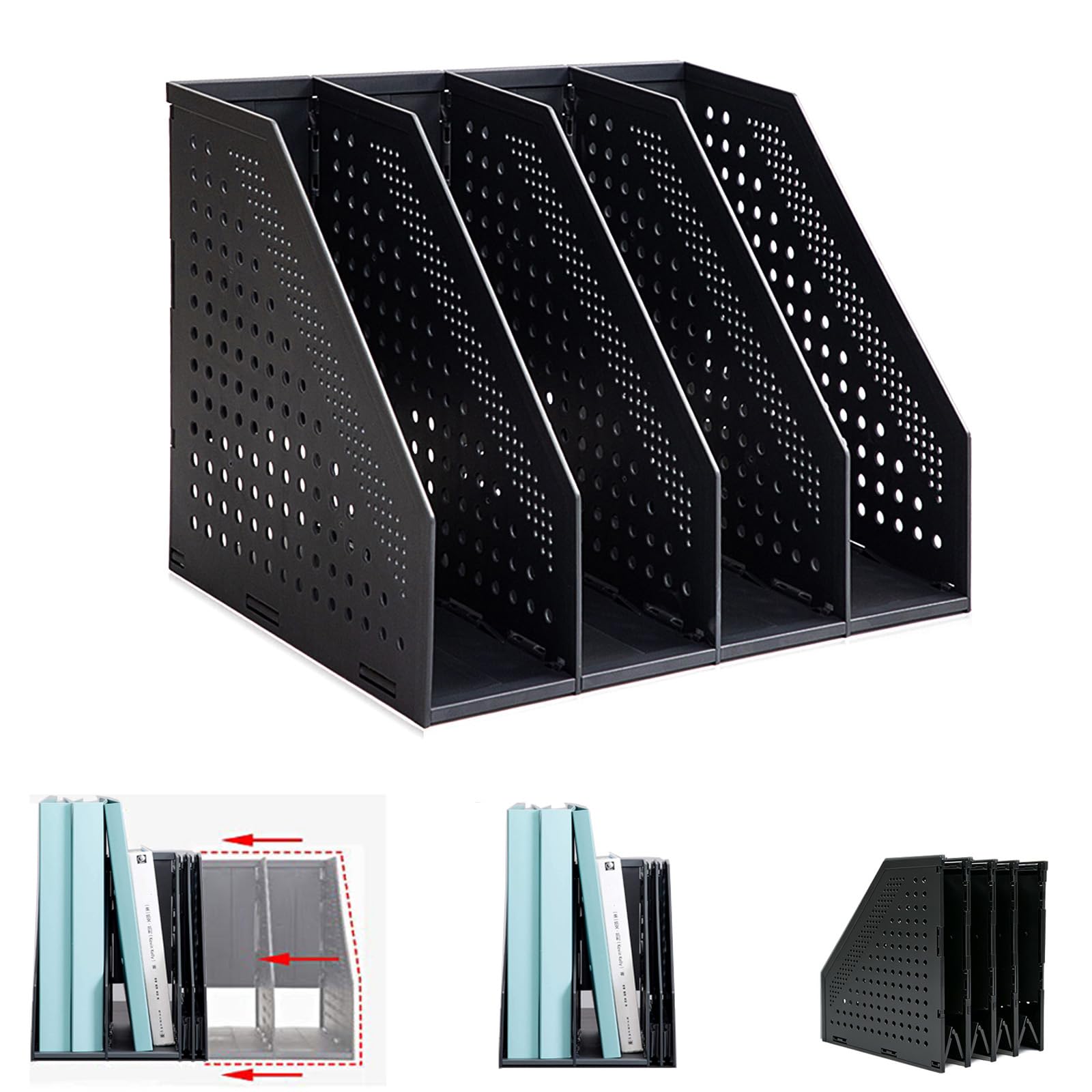 Marte Vanci Collapsible Magazine File Holder Desktop Book Organiser Lever Arch File Storage Folder Document Rack Divider Adjustable for Office School Desk Shelves 4 Compartment (Black)