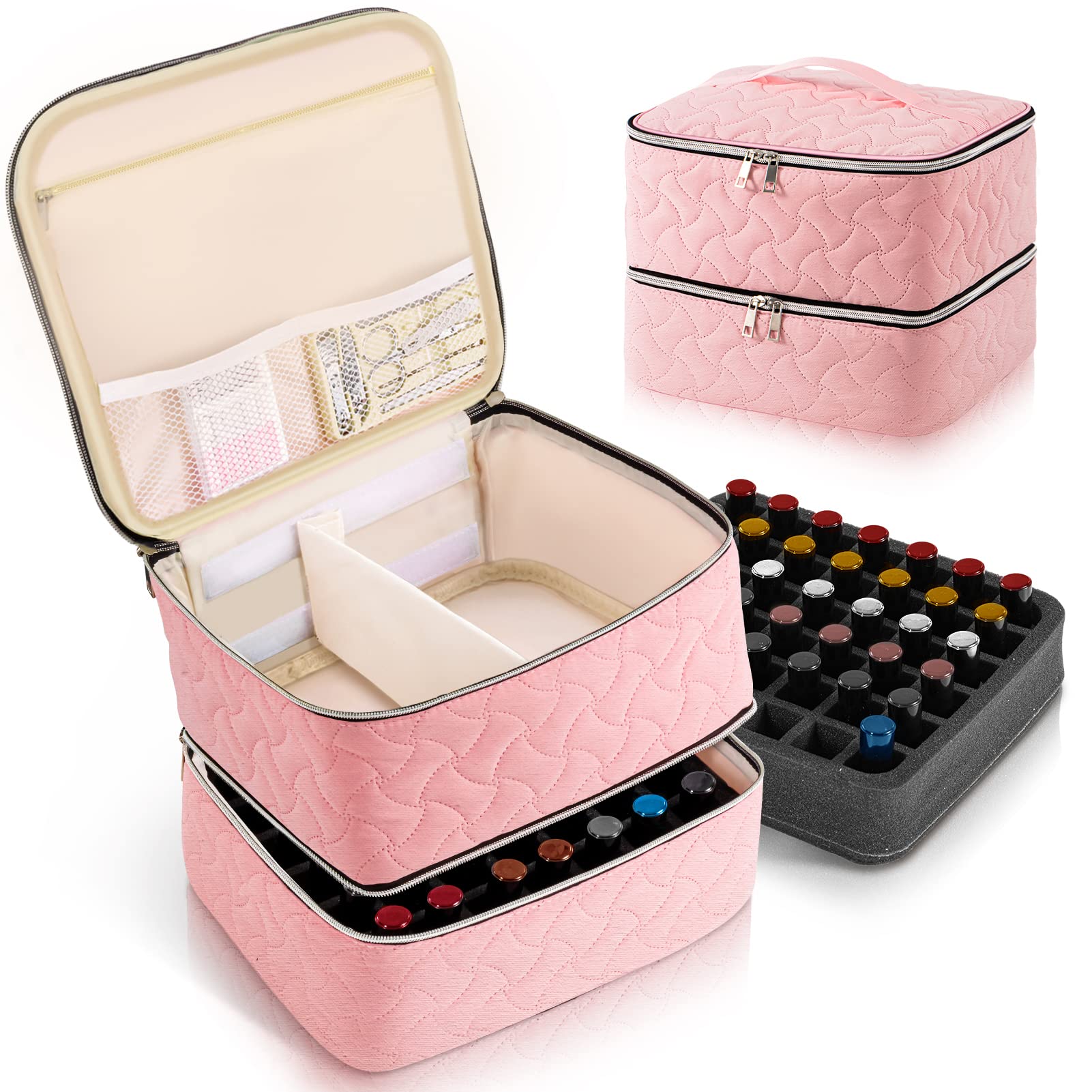 Photo 1 of DreamGenius Nail Polish Organizer Case Holds 42 Bottles, Portable Double-Layer Nail Polish Storage Bag with Adjustable Dividers for Manicure Tools, Pink
