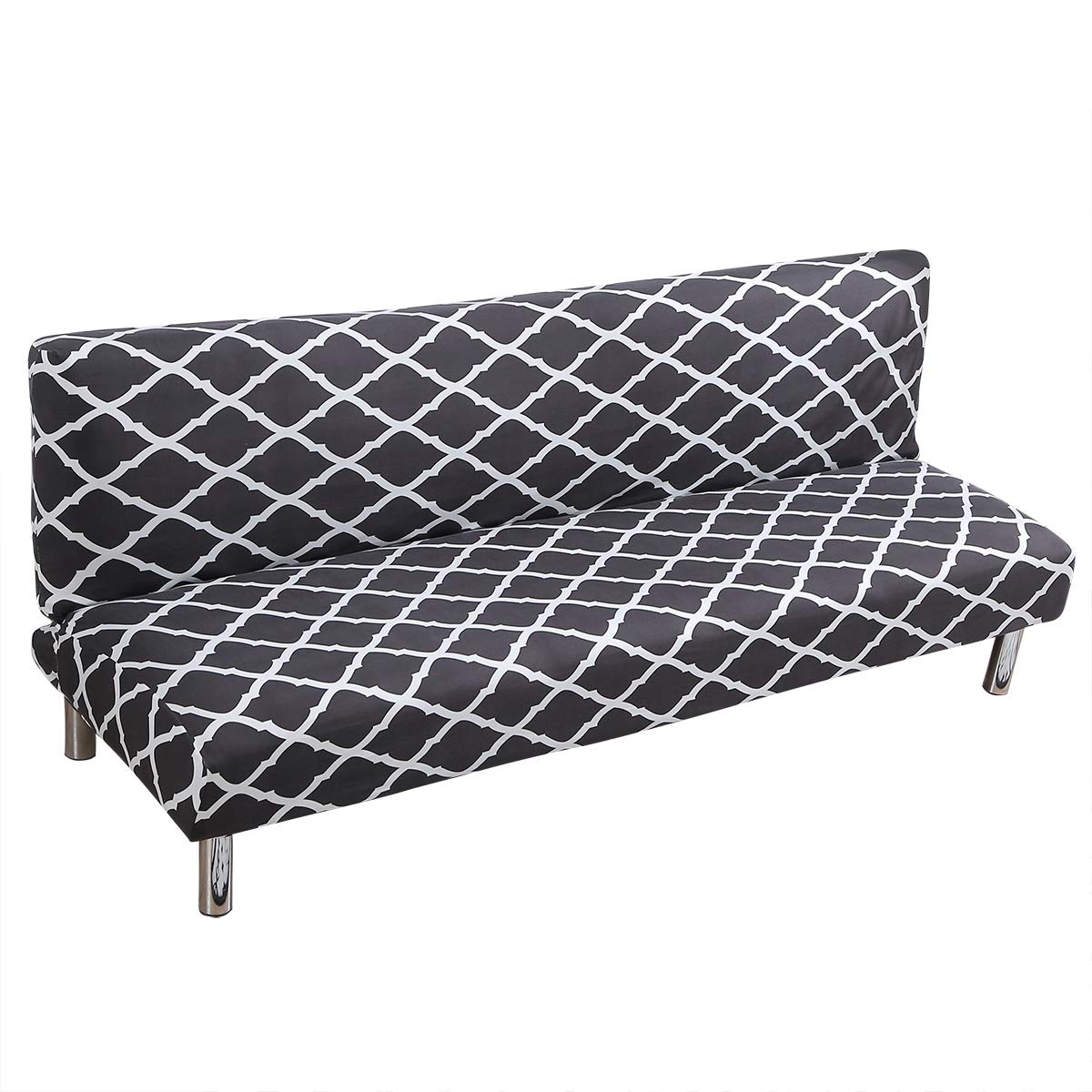 Armless Sofa Bed Cover Spandex Stretch Print Futon Slipcover Non-slip Folding Armless Sofa Cover Seat Couch Protector Fits for 2-3 Seater Folding Sofa Bed without Armrests, 180-210cm(Black)