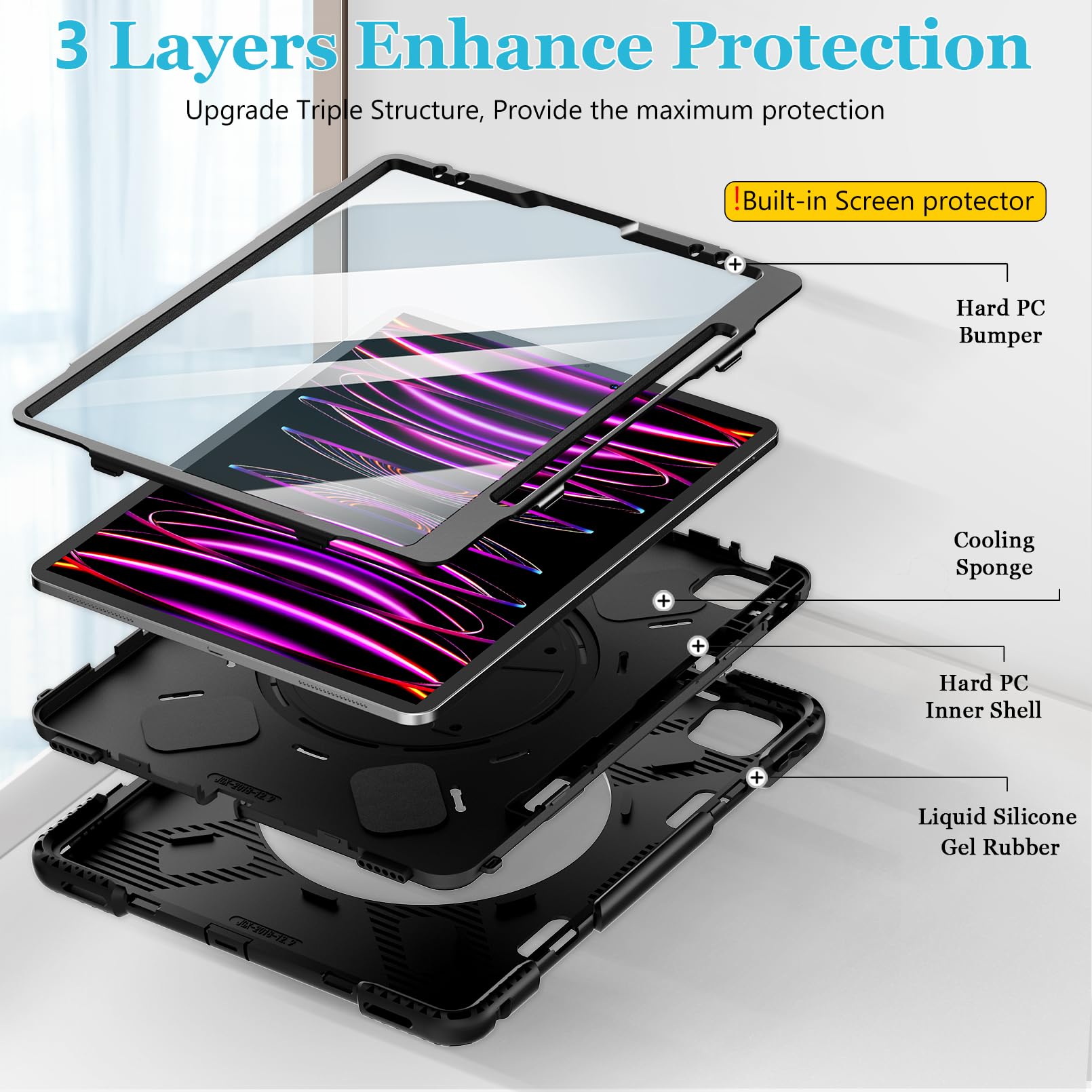 Case for iPad Pro 12.9 2022/2021/ 2020/2018: Cover for iPad Pro 12.9 6th/ 5th/ 4th/ 3rd Generation with Screen Protector- Stand- Pencil Holder- Handle- Shoulder Strap Black