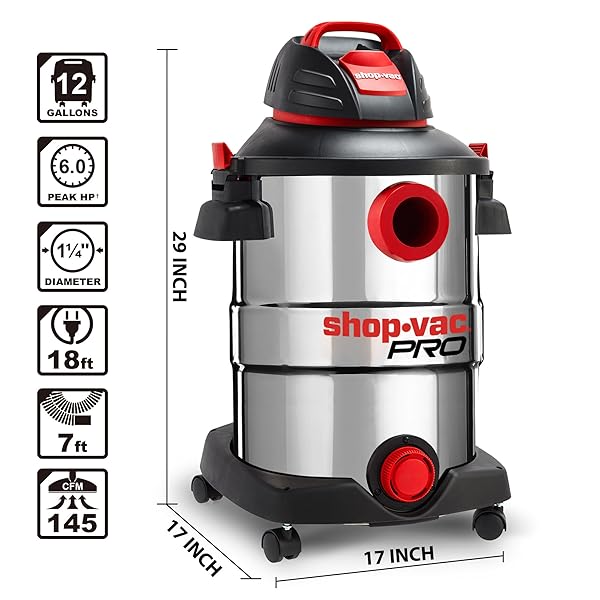 SHOP-VAC 12 GALLON 6.0 PEAK HP WET/DRY VACUUM, STAINLESS STEEL TANK, 3 IN 1 FUNCTION PORTABLE SHOP VACUUM WITH ATTACHMENTS, DRAIN PORT, IDEAL FOR JOBSITE, GARAGE & WORKSHOP. 5926211