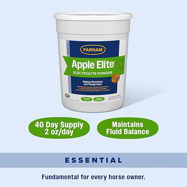 FARNAM APPLE ELITE HORSE ELECTROLYTES POWDER SUPPLEMENT, REPLACES VITAL MINERALS, ENCOURAGES HYDRATION, SUGAR-FREE, CONTAINS SODIUM, POTASSIUM, CALCIUM & MAGNESIUM, APPLE FLAVORED, 5 LB