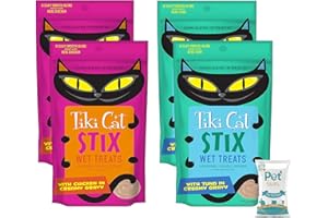 PET FAVES (4 Pack) Tiki Cat Stix Wet Treats, Grain Free Lickable Silky Smooth Blend in Tuna and Chicken Creamy Gravy, Topper or Treat with 10ct Pet Wipes