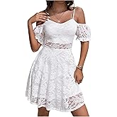 Floerns Women's Summer Dress Floral Mesh Cold Shoulder Puff Sleeve Wedding Guest Dresses