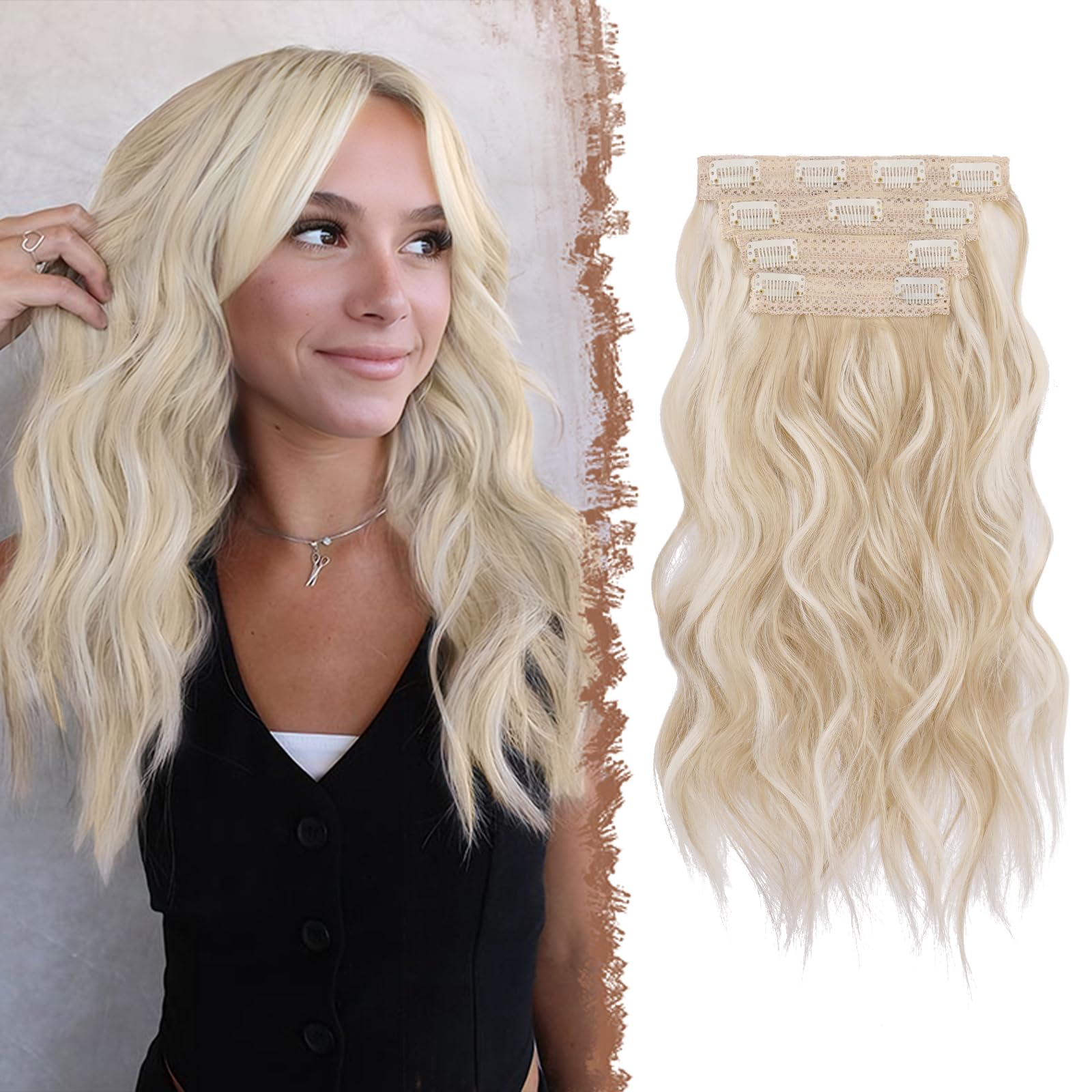 FESHFEN Clip in Hair Extensions 4PCs Long Wavy Thick Hair Piece Highlighted Full Head Synthetic Natural Curly Light Beige Blonde Mix Cream Blonde Extension for Women, 16 Inch โ image 1
