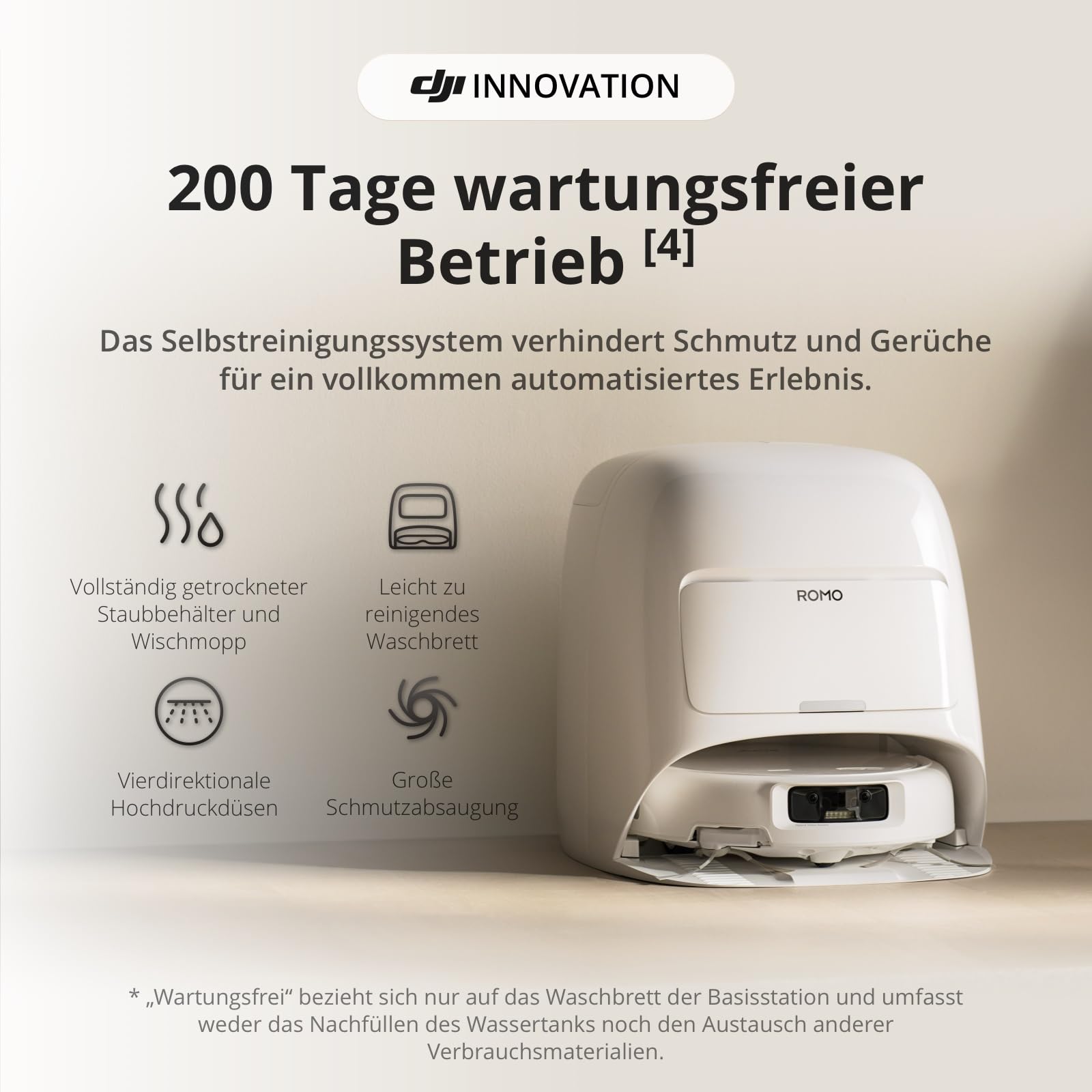DJI ROMO S Saugroboter mit Wischfunktion, 25.000 Pa Saugkraft, Hinderniserkennung auf Drohnen-Niveau, Anti-Verwicklungsbürste, Selbstreinigende Basisstation, 200 Tage wartungsfrei, Weiß 6