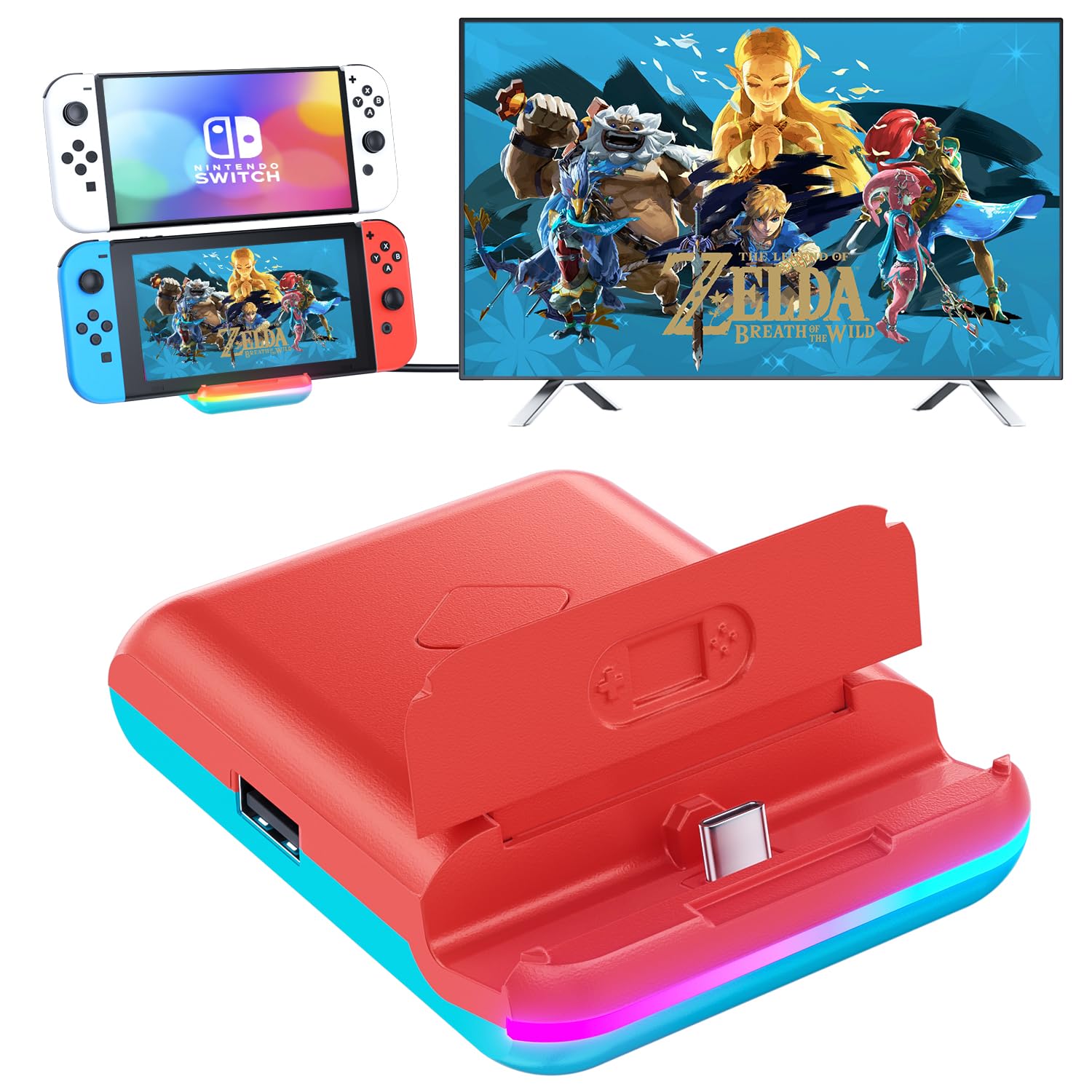 BOXPSII TV Dock Station for Nintendo Switch, Portable TV Docking Station Replacement with 4K HDMI Adapter/USB 3.0/ USB-C Port, Replacement Charging Dock for Nintendo Switch (Red Not for Switch2)