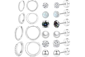 COCADANT Surgical Steel Flat Back Earrings Set for Multiple Piercing Sensitive Ears Hypoallergenic,Sterling Silver Small Cartilage Huggie Hoop Earrings Titanium Tiny CZ Pearl Opal Stud Earrings for Women Girls